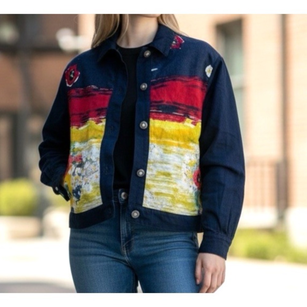 Vintage Saint‎ Germain Paris Linen Blend Jacket Womens S Navy Blue Water Colors